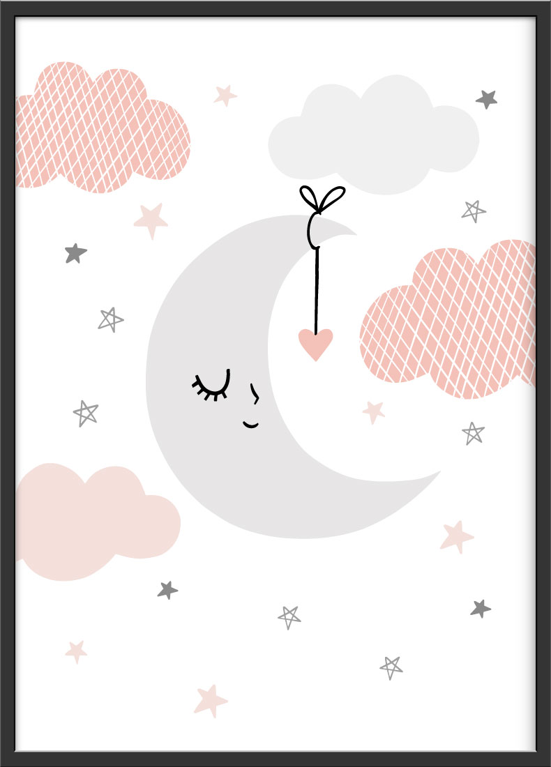 Rosa Kinderzimmer Poster für Mädchen mit Mond Motiv