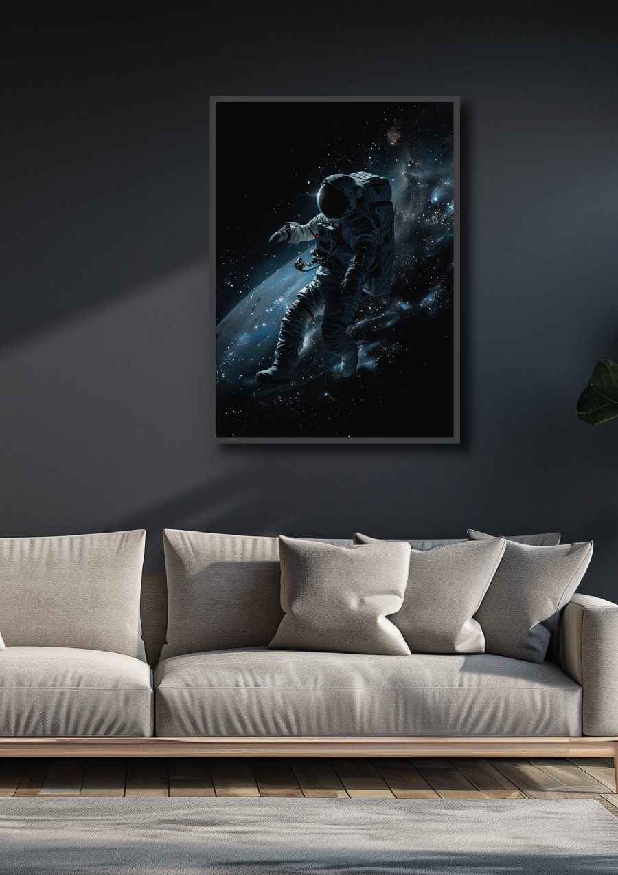 Schwebender Astronaut in dunkler Galaxie schwarz blau für dein Wohnzimmer