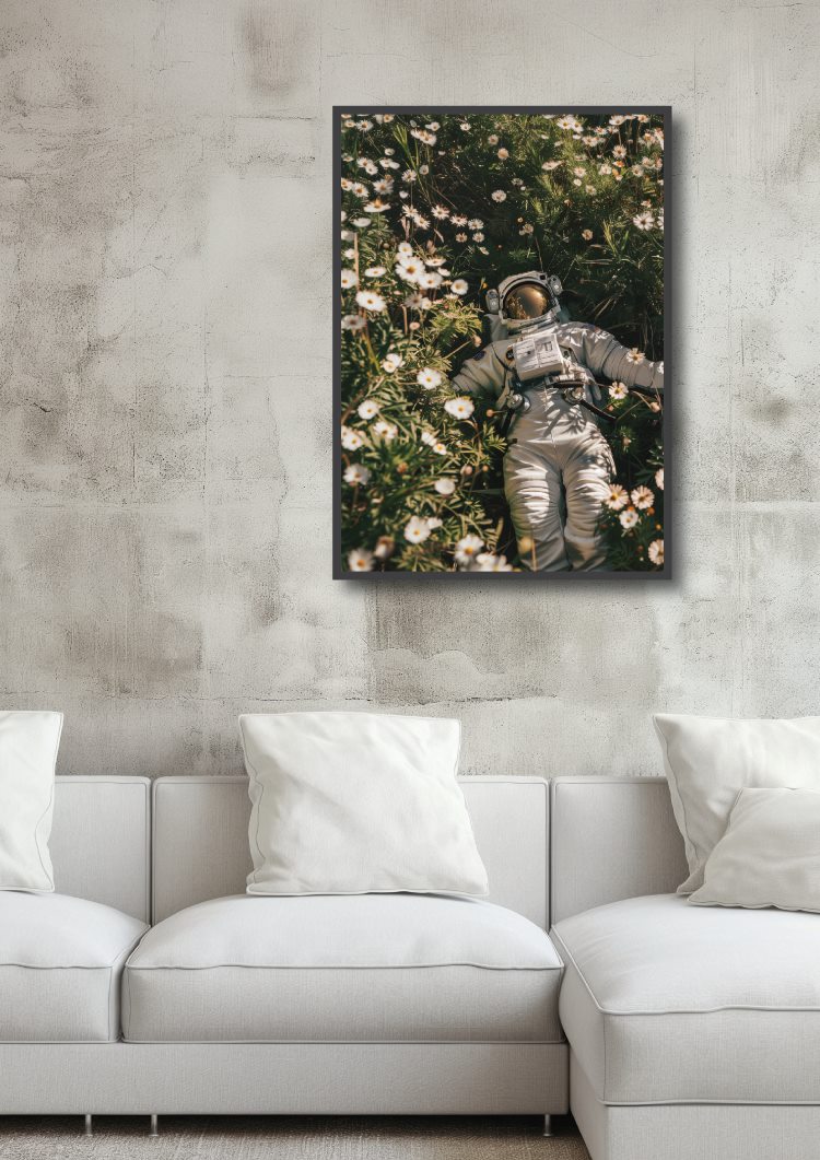 Astronaut in Kamille-Blumen im Garten