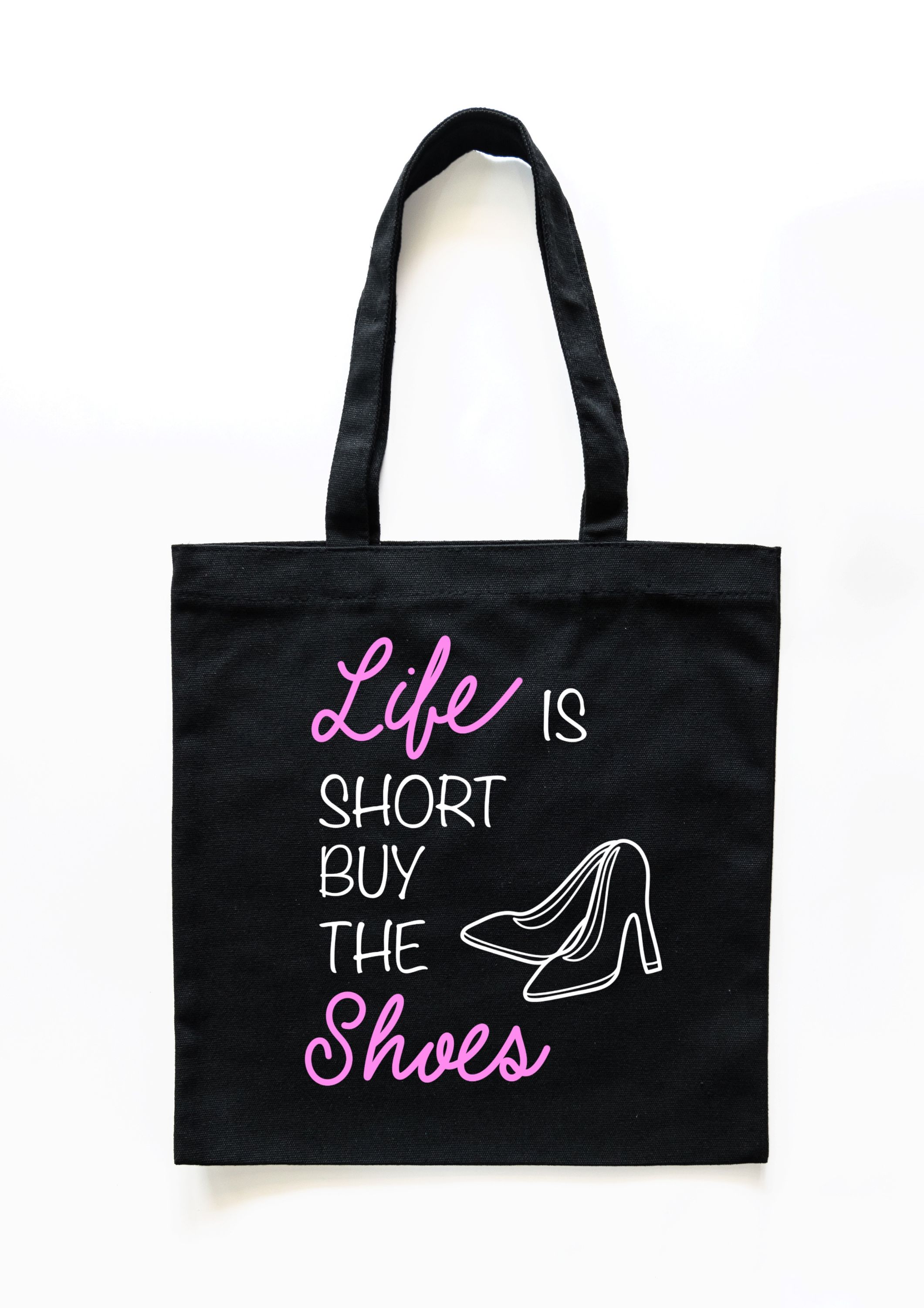 Baumwolltasche (schwarz) - "Life is Short Buy the Shoes" - Einzelbild 