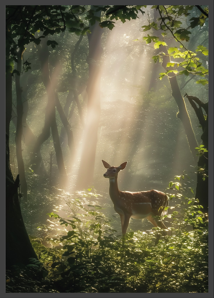 Poster | "Reh auf sonniger Waldlichtung" (Rahmen)