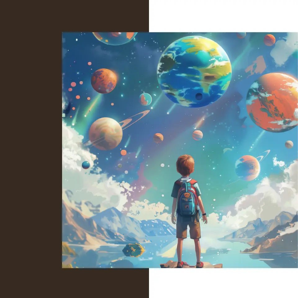Poster Kind im Weltraum in bunt