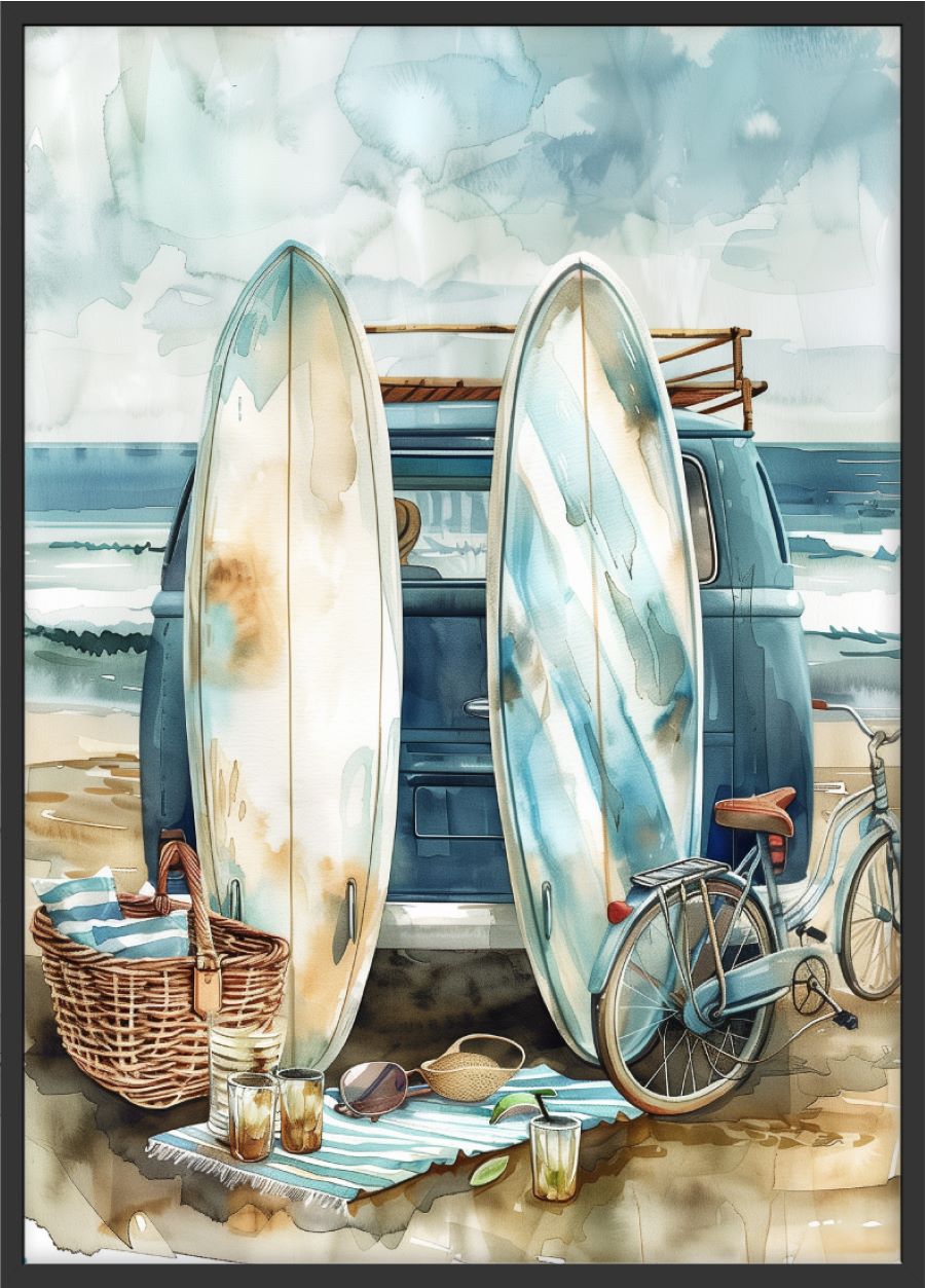 Surfbrett Aquarell Beach Blau