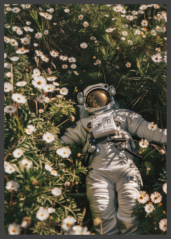 Astronaut in Kamille-Blumen