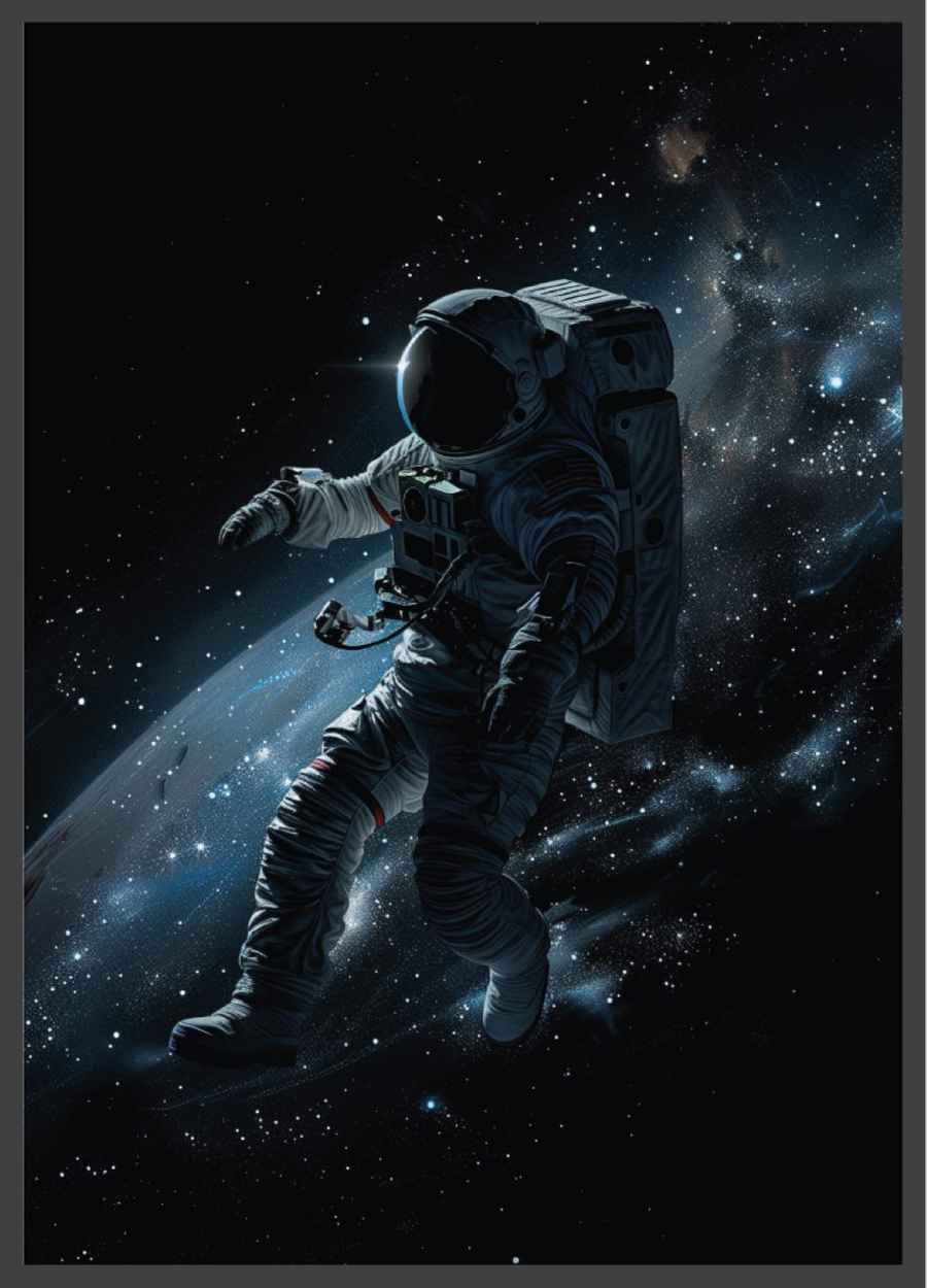 Schwebender Astronaut in dunkler Galaxie schwarz blau