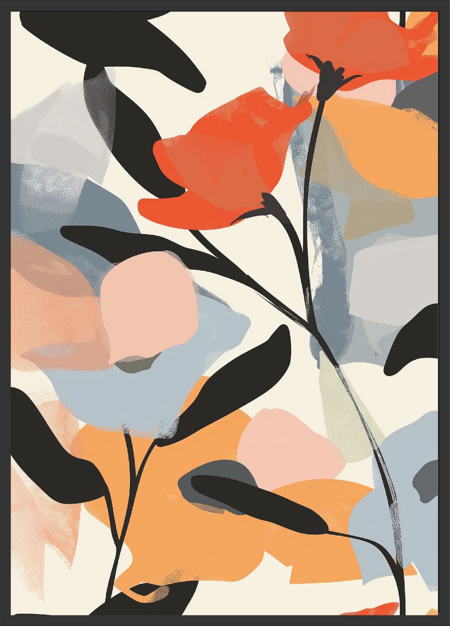 Poster | "Blumenposter Abstrakt Blau, Rot und Orange" (Rahmen)