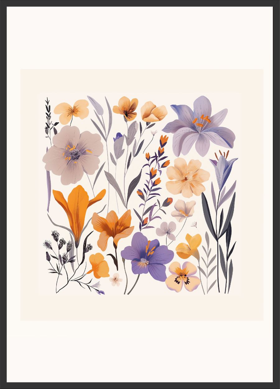 Poster | "Wasserfarben Blumen lila und orange" (Rahmen)