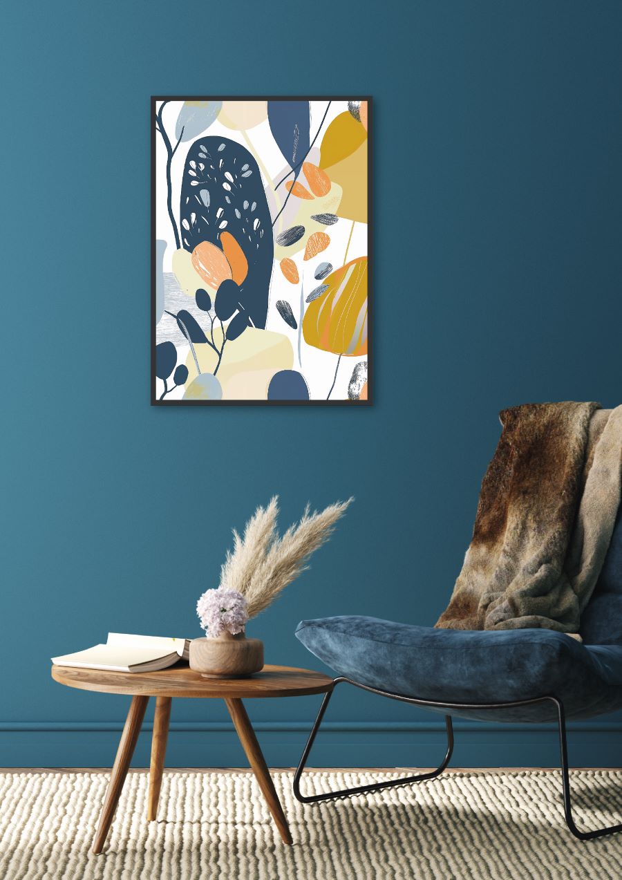 Blumenposter Abstrakt Blau und Orange für dein Wohnzimmer
