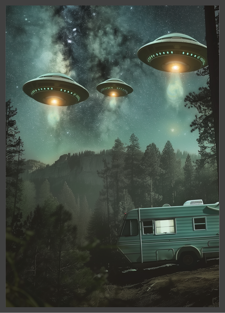 Poster | "UFOs über Campingmobil" (Rahmen)