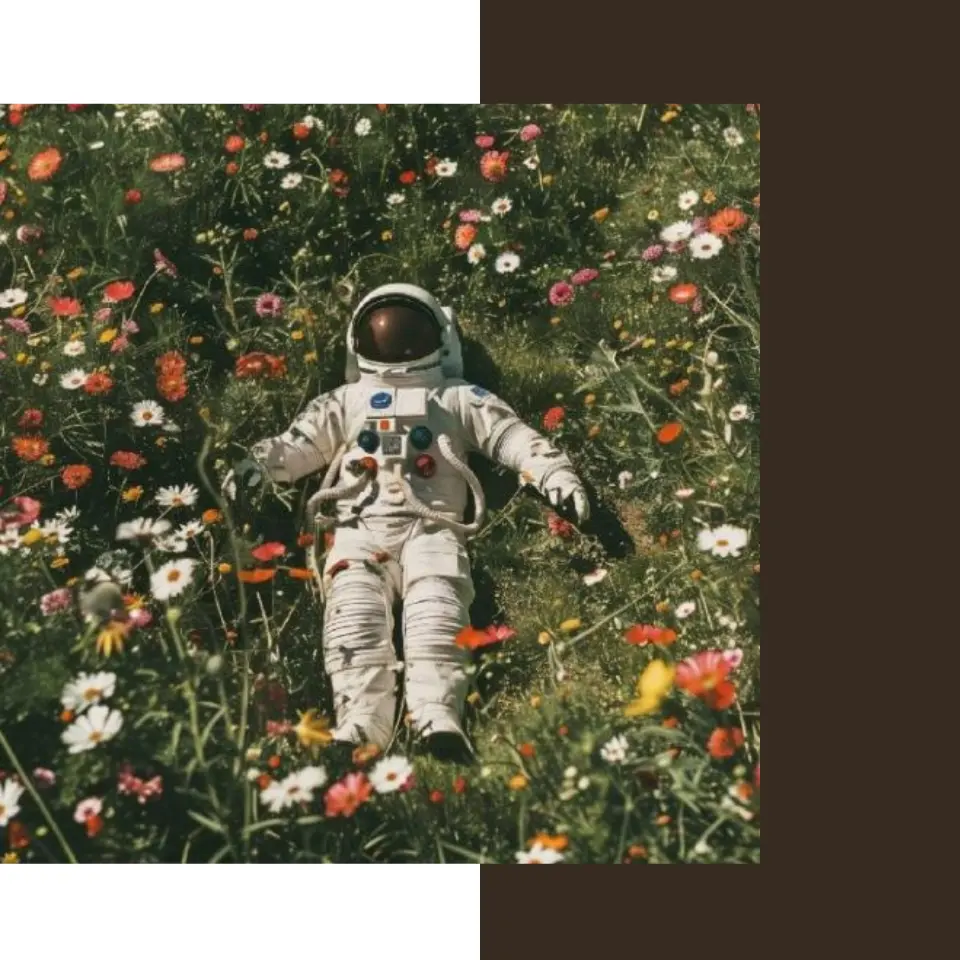 Astrnaut liegt in Blumenwiese