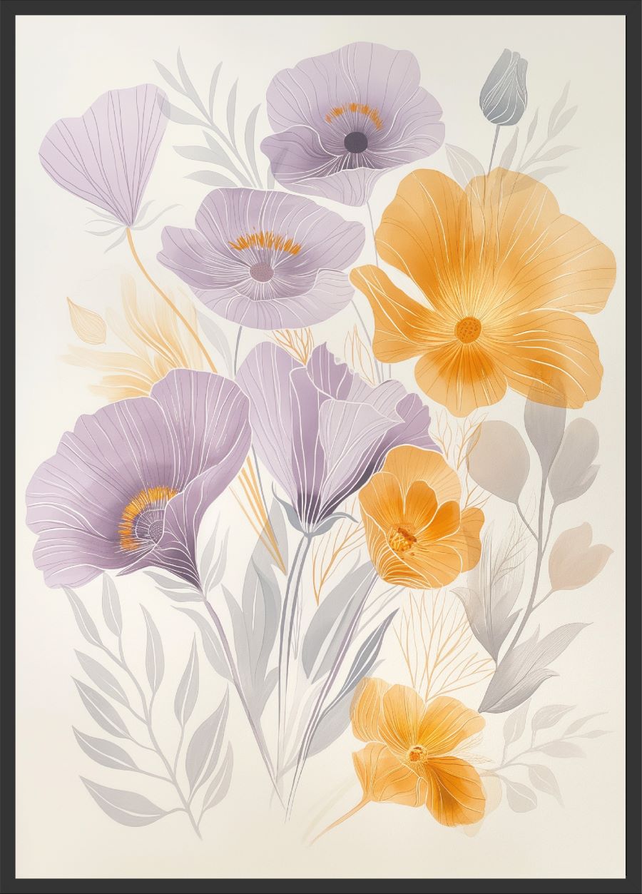 Poster | "Wasserfarben Blumen orange und lila"(Rahmen)