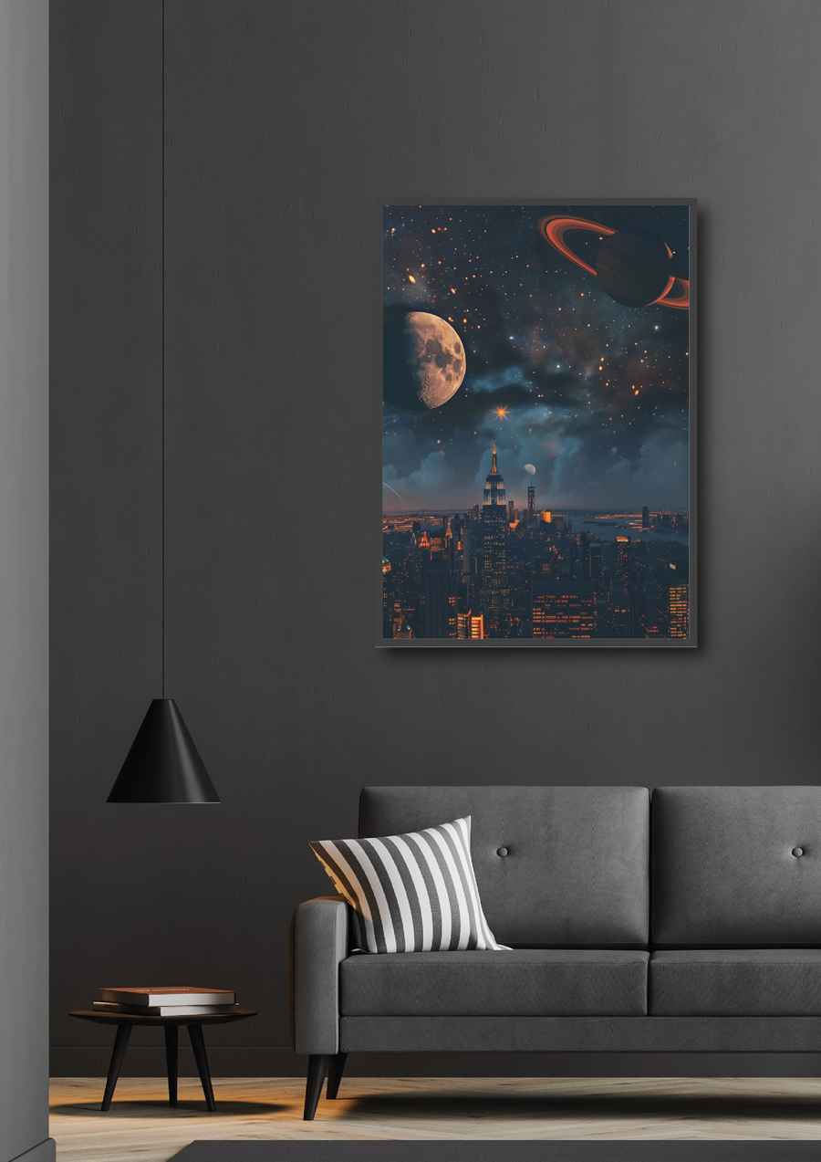 Poster mit Großstadt unter Sternenhimmel im Wohnzimmer