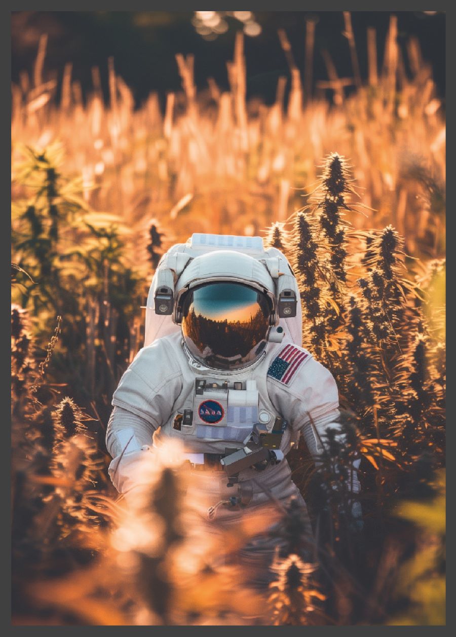 Astronaut im Cannabisfeld